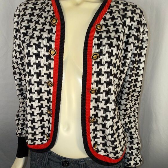 Vintage Leslie Fay Collections Women’s 14 Houndstooth Cardigan Black White Red T - Picture 3 of 15